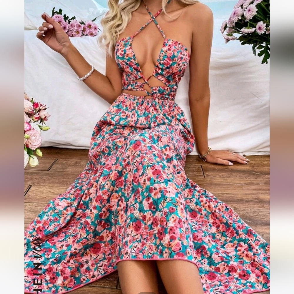 SHEIN VCAY Allover Floral Print Lace Up Cut Out Halter Dress